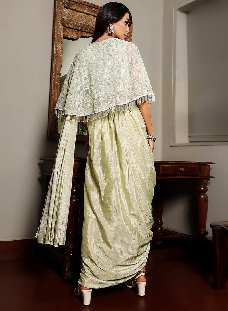QISSA Women's Sage Green Bijou Cape Pre-Draped Saree For Casual Wear | V-Neck | Cape Sleeves | 1 Piece Pre-Draped Saree Designed With Comfort Fit For Everyday Ethnic Wear - Image 5